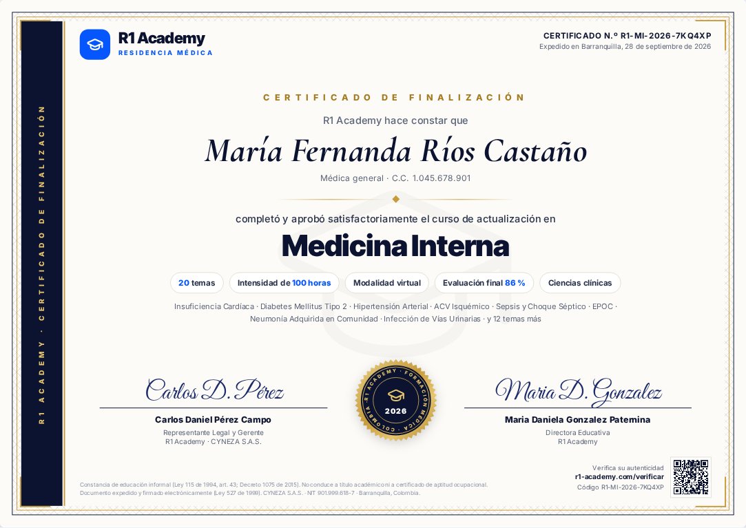 Muestra de certificado de un curso de R1 Academy